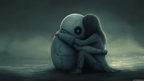 Child embraces rounded robot on misty shoreline at night
