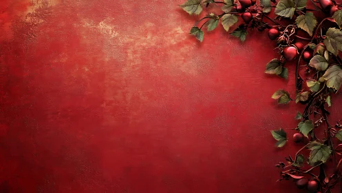 Scarlet textured wall with vine and red seasonal berries.