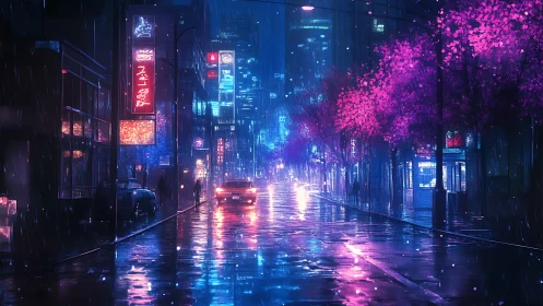 Neon drenched cyberpunk avenue with rain reflections and car