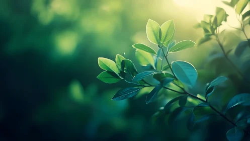 Sunlit green leaves in soft focus, tranquil nature photography style.