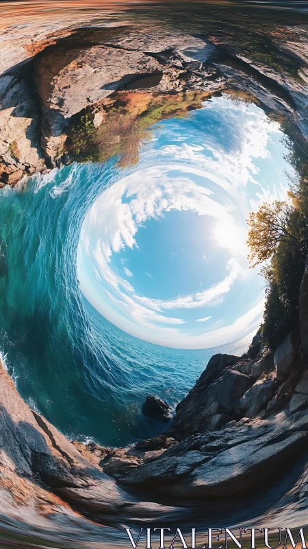 Circular seascape with rocky shoreline and blue sky view.