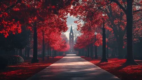 Crimson campus promenade guiding toward misty clocktower dream.