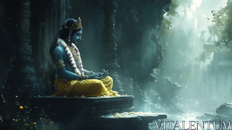 Blue-skinned deity meditating on stone ledge in misty gorge