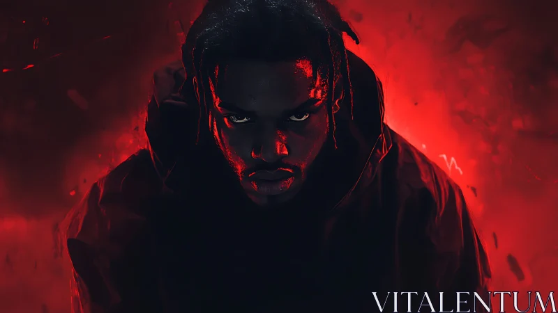 Storm-lit gaze carves a fierce silhouette from liquid crimson