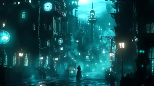 Fog-dense teal steampunk street with lone cloaked figure advancing