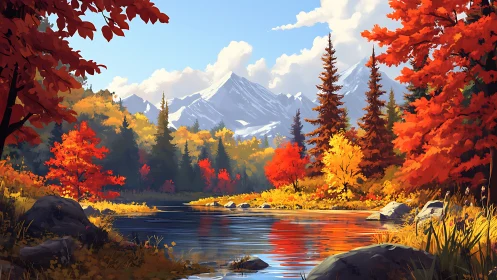 Autumn mountain lake with bright foliage and distant peaks.