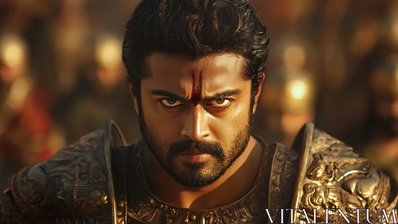 Warrior close-up in ornate bronze armor, blazing gaze poised.