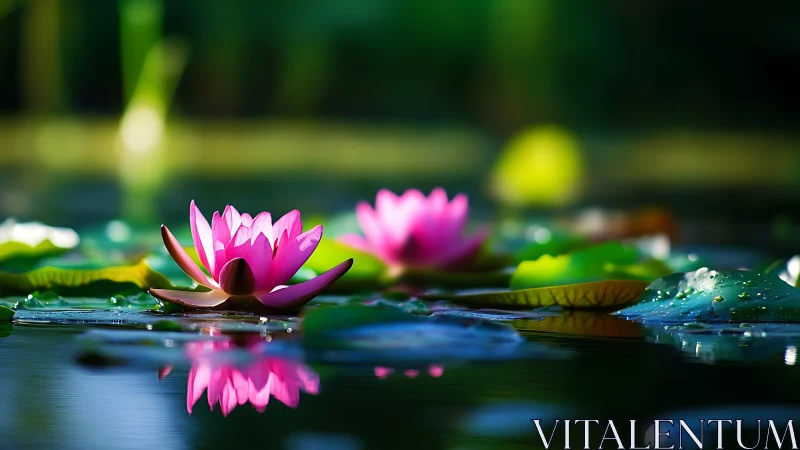 Pink water lilies rest on a pond surface with clear reflections