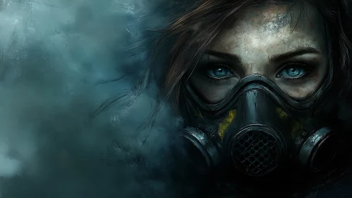 Storm-kissed survivor gazes ahead through a worn gas mask