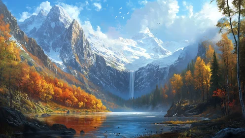 Mountain lake panorama with waterfall and autumn forest.