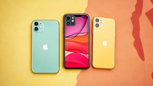 Colorful smartphones align over warm abstract gradient backdrop.