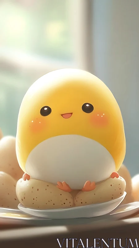 Cheerful Yellow Chick Character Perched on Toast.