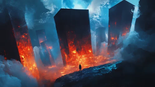 Lone figure surveys burning monolith city in storm clouds.