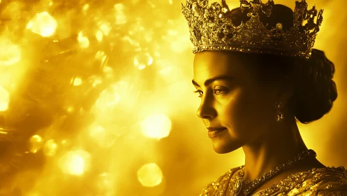 Regal crowned woman glows in rich golden side lighting