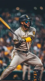 Right-handed batter prepares swing in golden stadium light.