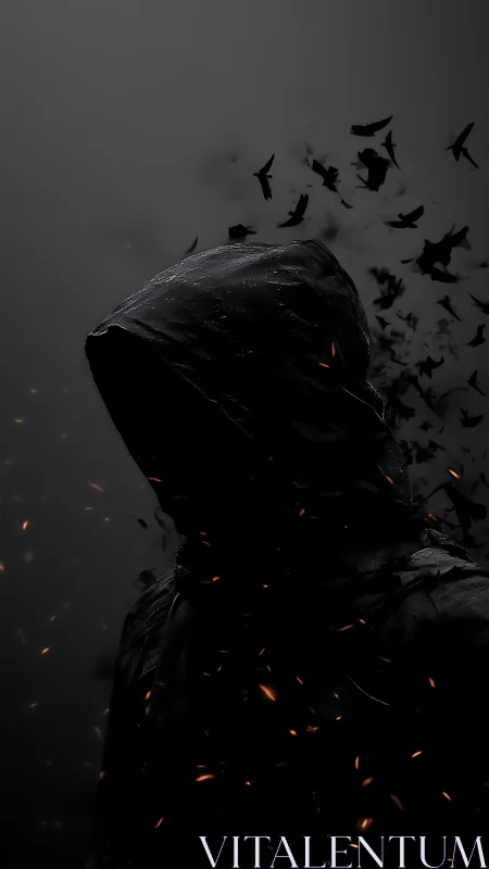 Shrouded hooded figure dissolving into dark flocks of crows.