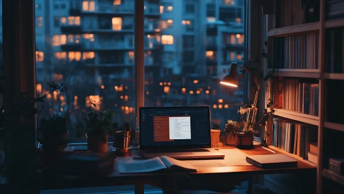 Laptop workspace glows under warm lamp against dusk city lights