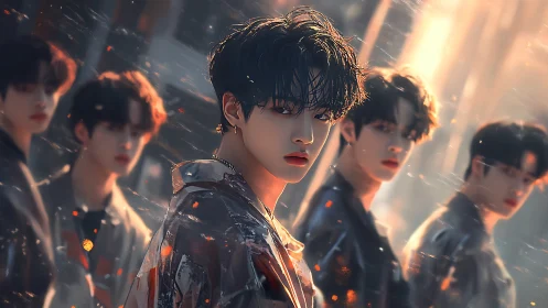 Five young males in stylized digital portrait under warm light.