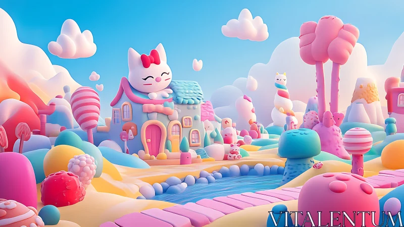 Whimsical 3D Candy Land with Cat Character and Houses.