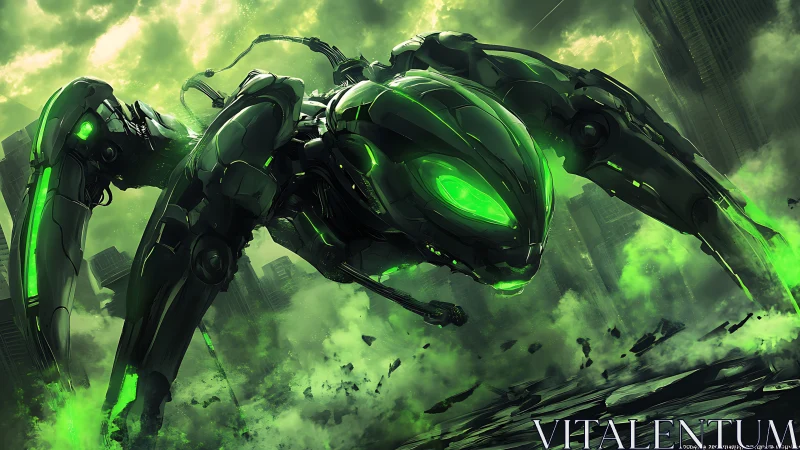 Gigantic green robotic insect attacks ruined cityscape.