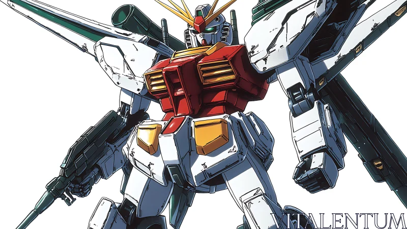 Anime mecha hero in dynamic three-quarter combat stance illustration.