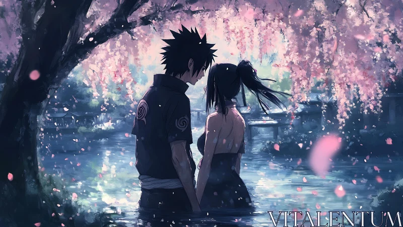 Anime couple under cherry blossoms beside reflective water.