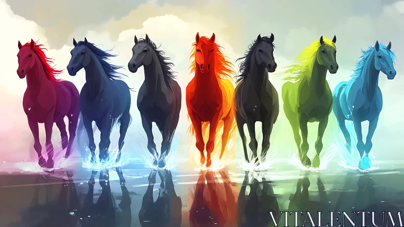 Chromatic horses gallop across reflective water in stylized light
