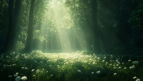 Sunlit Enchanted Forest Clearing with Blooming Daisies, Photorealistic Style.