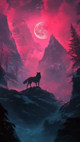 Lone wolf watches a red moon ignite the frozen mountains