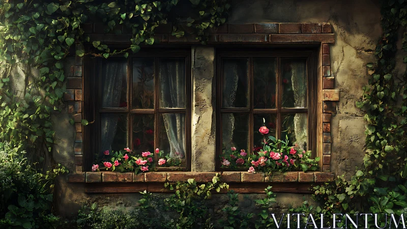 Aged stucco wall with twin mullioned windows and ivy blooms