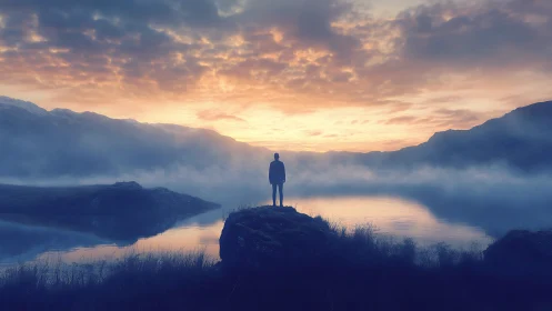 Silhouette on lakeside rock under misty sunrise sky.