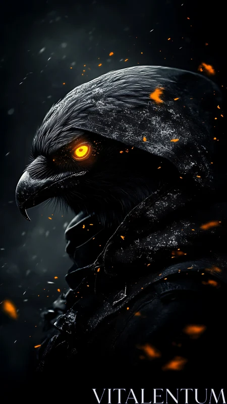 Hooded black bird warrior with glowing orange eye profile