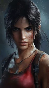 Rain-soaked combatant portrait with hyperreal skin rendering.