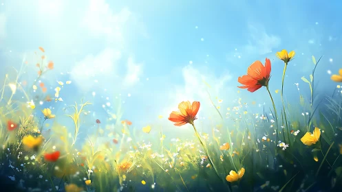 Wildflower symphony dances in golden sunlight glow.