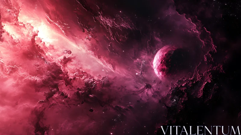Crimson nebula with illuminated planet in deep space.