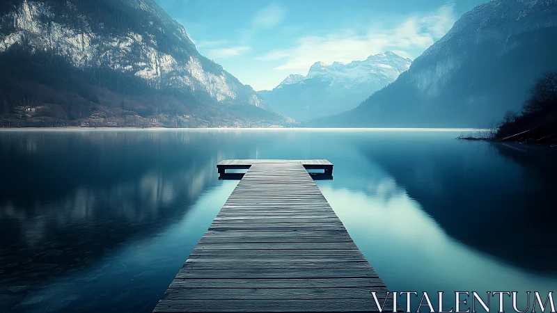Orthogonal lakeside jetty in symmetric alpine reflection field.