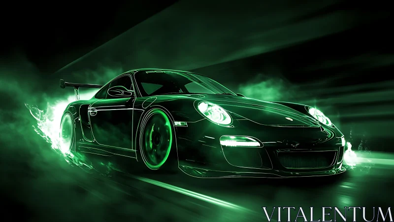 Neon green race car accelerates through glowing tunnel