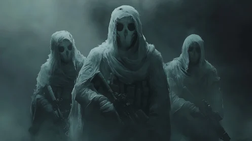 Spectral tactical squad emerging through cyan battlefield fog.