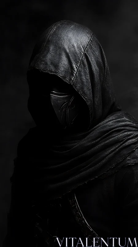 Hooded assassin stands in shadowy darkness, shrouded in fear