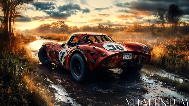 Weathered race car stands on muddy rural road at sunset