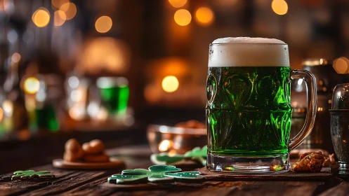 Frothy green beer glows warmly on a festive pub table
