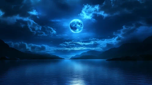 Luminous blue moon hangs over tranquil midnight lake scene.