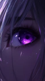 Violet anime eye glows against dark strands of silver hair