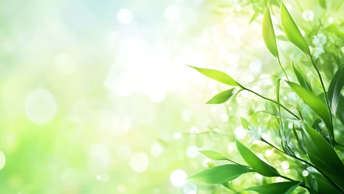 Sunlit spring leaves drift upward through a glowing breeze