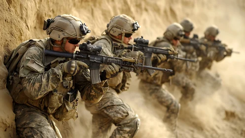 Modern soldiers in desert environment with tactical rifles.