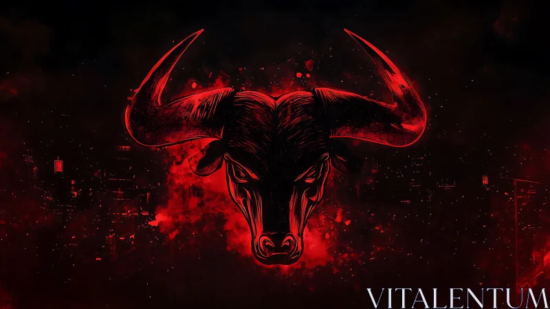 Digital painting of a red bull emblem over abstract cityfield.