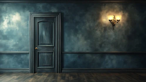 Moody teal hallway wall with closed wooden door and lamp.