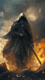 Hooded warrior strides through swirling fire and ash