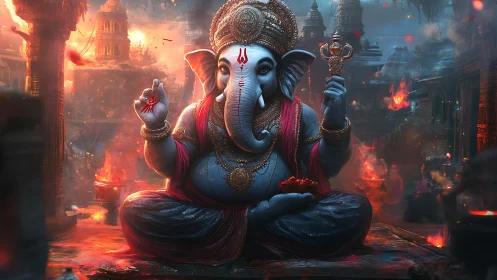 Ember-lit Ganesha radiates calm amid swirling sacred fires.