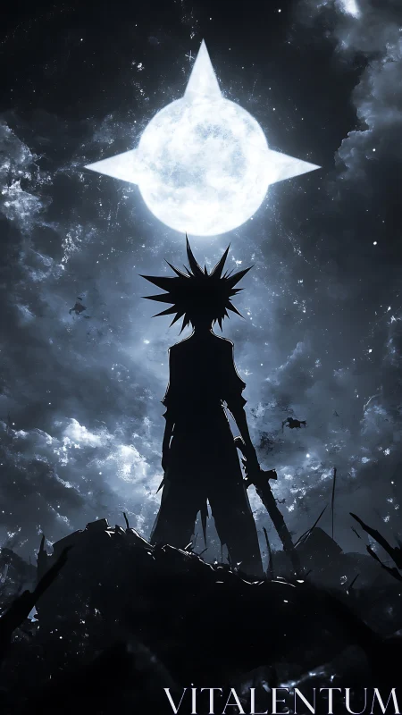 Silhouetted warrior confronts luminous star-like moon in stormy sky